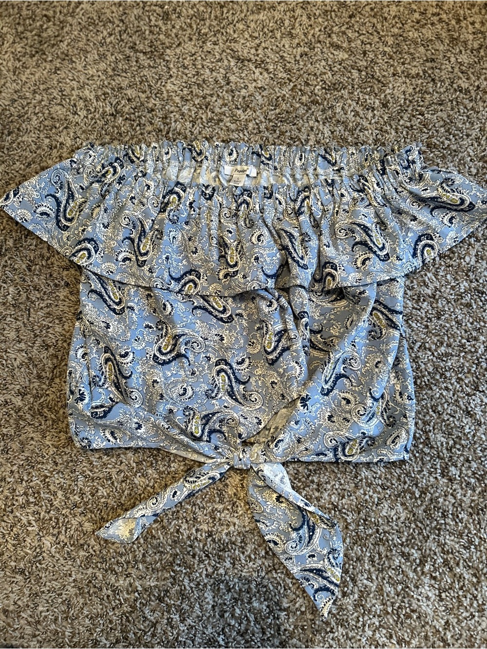 Papaya Light Blue Paisley Off-Shoulder Tie-Front Crop Top